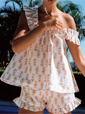Piyama Nicolette Lotus Flower Ruffle Pajama PJ Set 100% Cotton